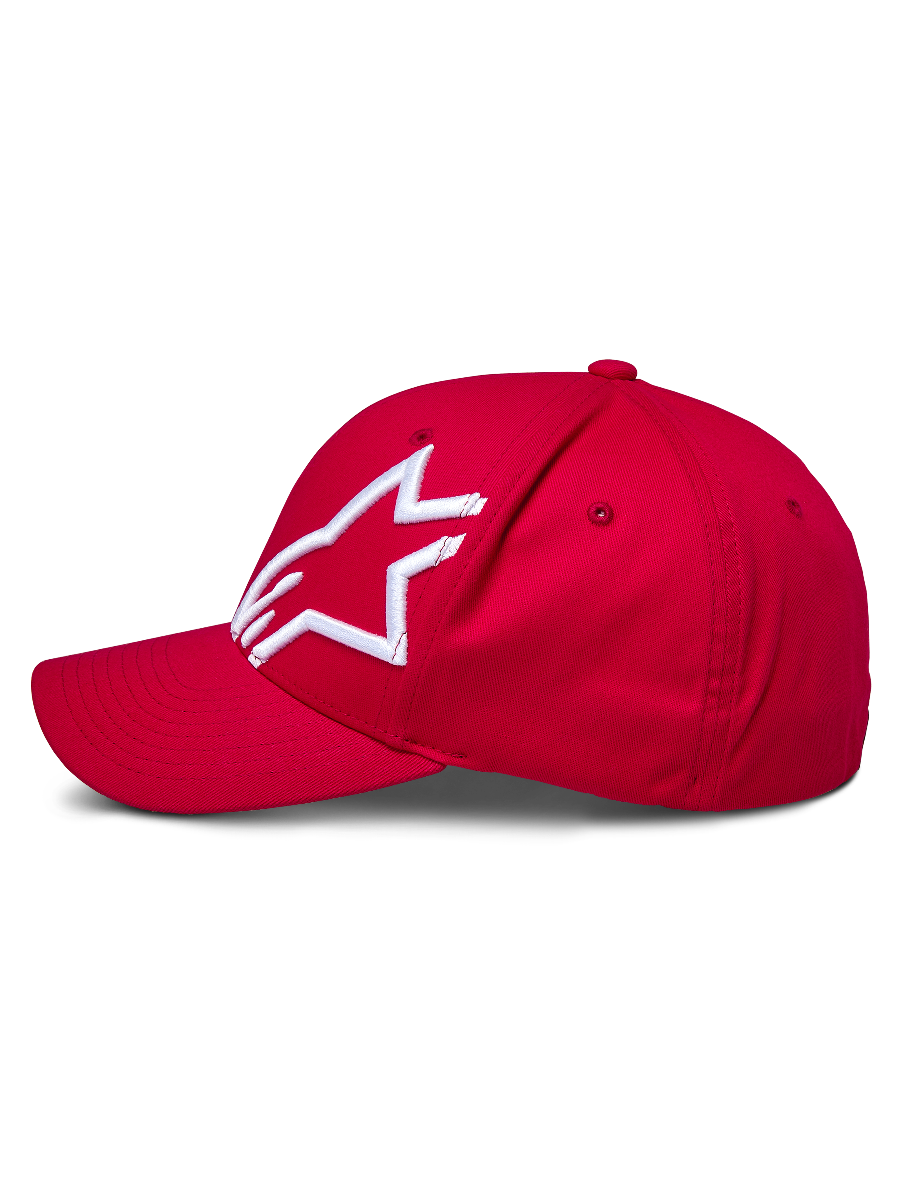 Alpinestars Corp Shift 2 Curved Brim Hat, Red, featuring a white 3D embroidered Alpinestars logo on the left panel, side view, structured crown with curved bill, casual motorsport-inspired headwear