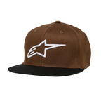 Alpinestars Ageless Flatbill Hat, Brown and Black, flat bill cap with structured crown, white embroidered Alpinestars logo on the front, casual motorsport headwear