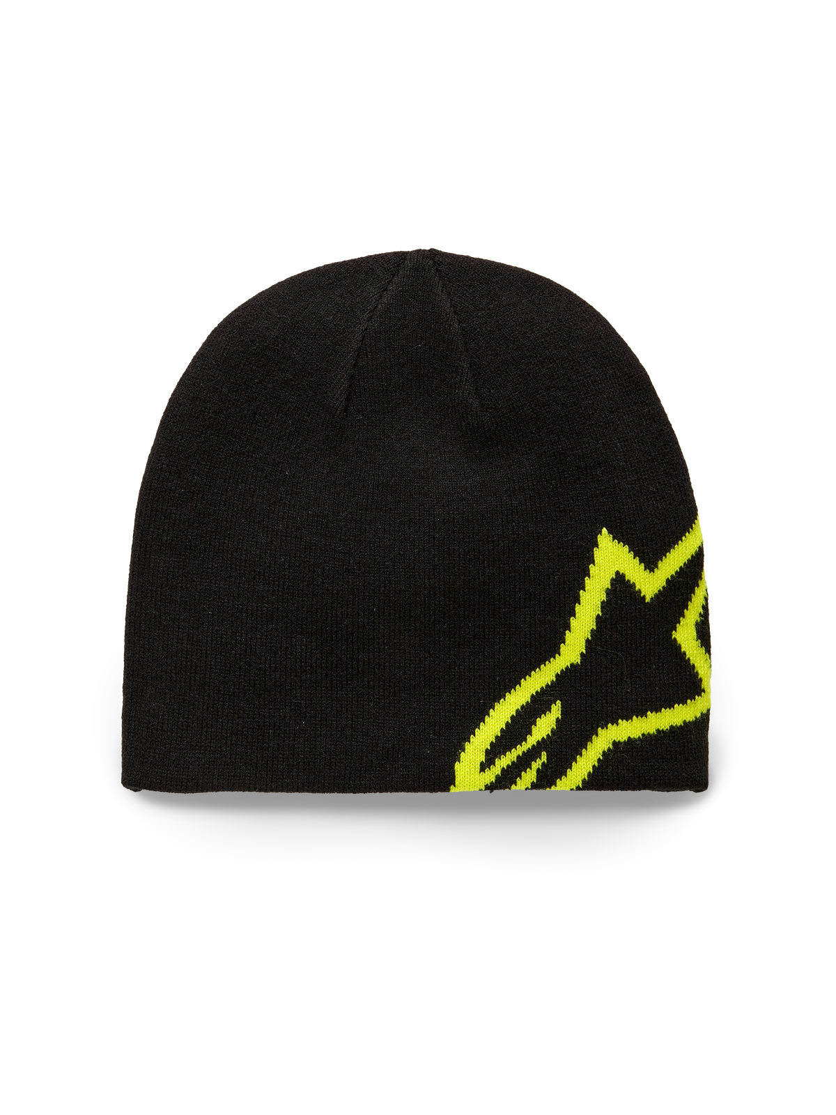 Alpinestars Corp Shift Beanie, strikket hue, sort og hi-vis gul, med et stort jacquard-vævet Alpinestars-logo på siden, sweater-strikket jersey-konstruktion, afslappet motorsport-inspireret hovedbeklædning