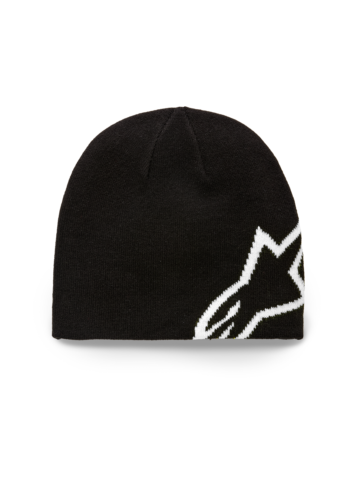 Alpinestars Corp Shift Beanie, sort strikhue, stort hvidt jacquard Alpinestars-logo, sweater-strik med jersey-syning, afslappet motorsport-inspireret hovedbeklædning
