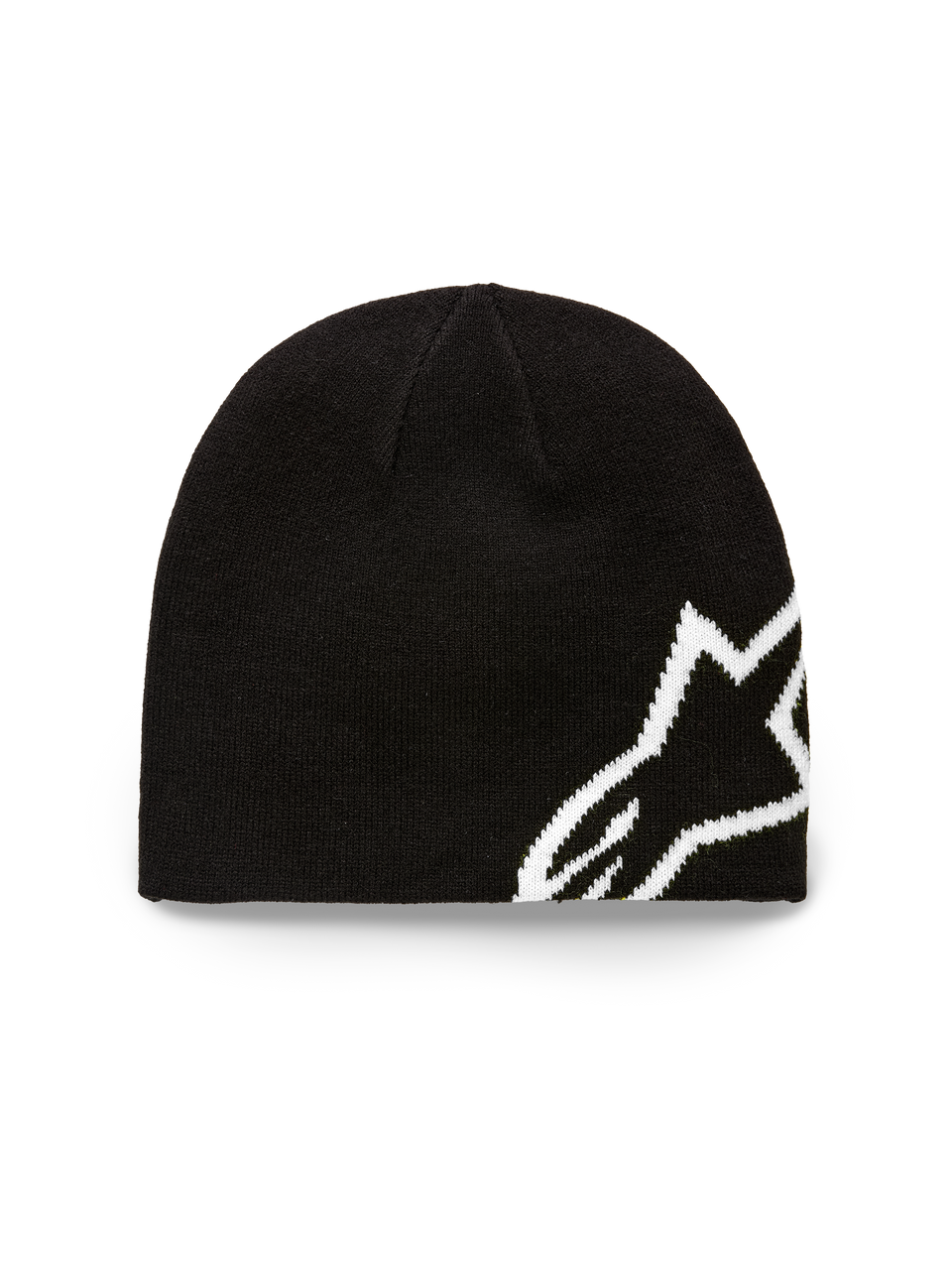 Alpinestars Corp Shift Beanie, Black Knit Hat, large white jacquard Alpinestars logo, sweater knit jersey stitch construction, casual motorsport-inspired headwear