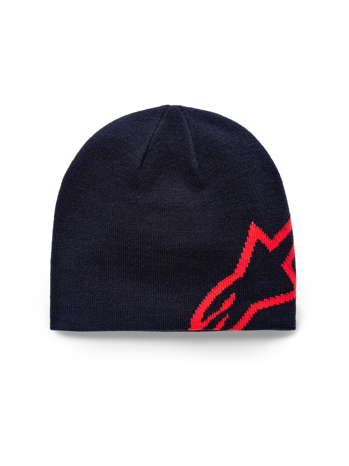Alpinestars Corp Shift Beanie, strikhue, mørkeblå og klar rød, med et stort rødt jacquard-stjernelogo på siden, jersey-strikket konstruktion, casual sportswear-tilbehør