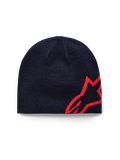 Alpinestars Corp Shift Beanie, strikhue, mørkeblå og klar rød, med et stort rødt jacquard-stjernelogo på siden, jersey-strikket konstruktion, casual sportswear-tilbehør