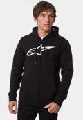 Alpinestars Ageless Zip V3 Hoodie, Zip Front Hoodie, Black and White, featuring a large white Alpinestars chest logo, drawstring hood, and full-zip closure, casual lifestyle streetwear