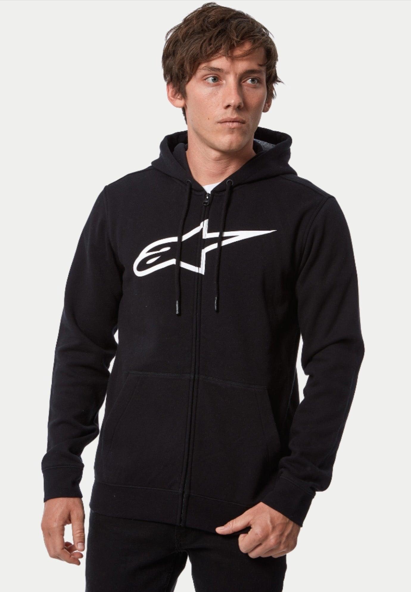 Alpinestars Ageless Zip V3 Hoodie, Zip Front Hoodie, Black and White, featuring a large white Alpinestars chest logo, drawstring hood, and full-zip closure, casual lifestyle streetwear