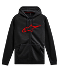 Alpinestars Ageless Zip V3 hættetrøje, casual motorsport streetwear, sort med rødt Astars-logo, gennemgående lynlås, hætte med snøre, lange ærmer, ribstrikkede manchetter og søm