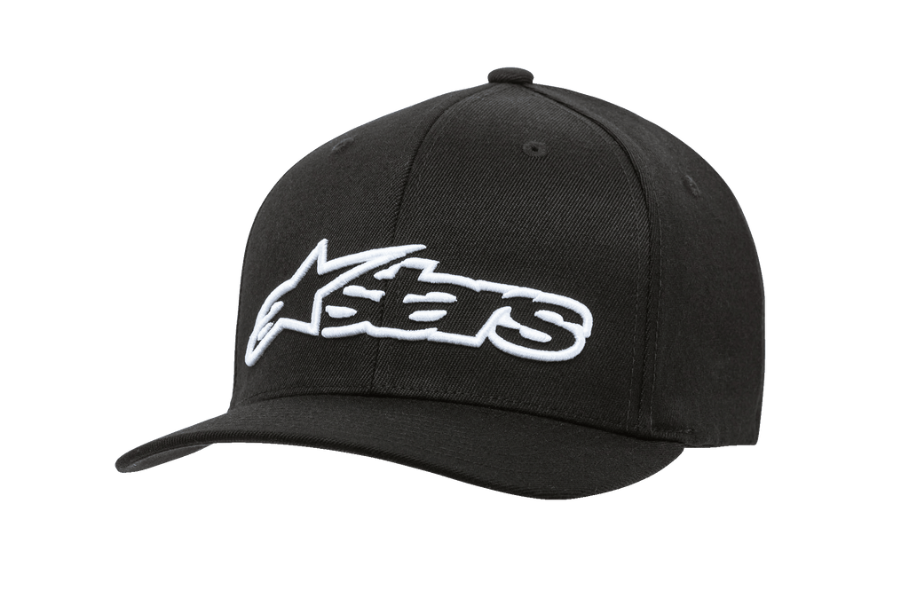 Alpinestars Blaze Flexfit Hat, sort baseballkasket med hvidt 3D-broderet logo, kurvet skygge, struktureret seks-panel krone med ventilationshuller, afslappet motorsport-hovedbeklædning