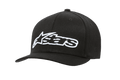 Alpinestars Blaze Flexfit Hat, sort baseballkasket med hvidt 3D-broderet logo, kurvet skygge, struktureret seks-panel krone med ventilationshuller, afslappet motorsport-hovedbeklædning