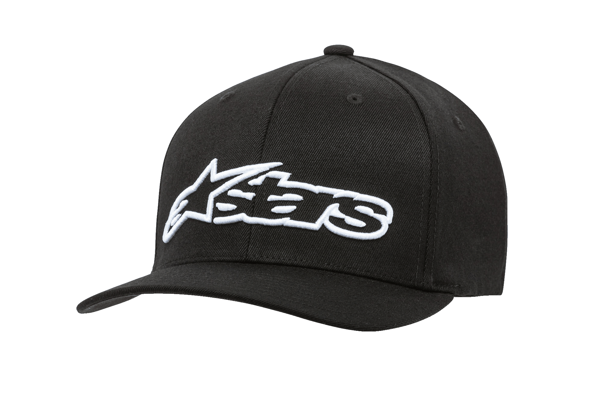 Alpinestars Blaze Flexfit Hat, sort baseballkasket med hvidt 3D-broderet logo, kurvet skygge, struktureret seks-panel krone med ventilationshuller, afslappet motorsport-hovedbeklædning
