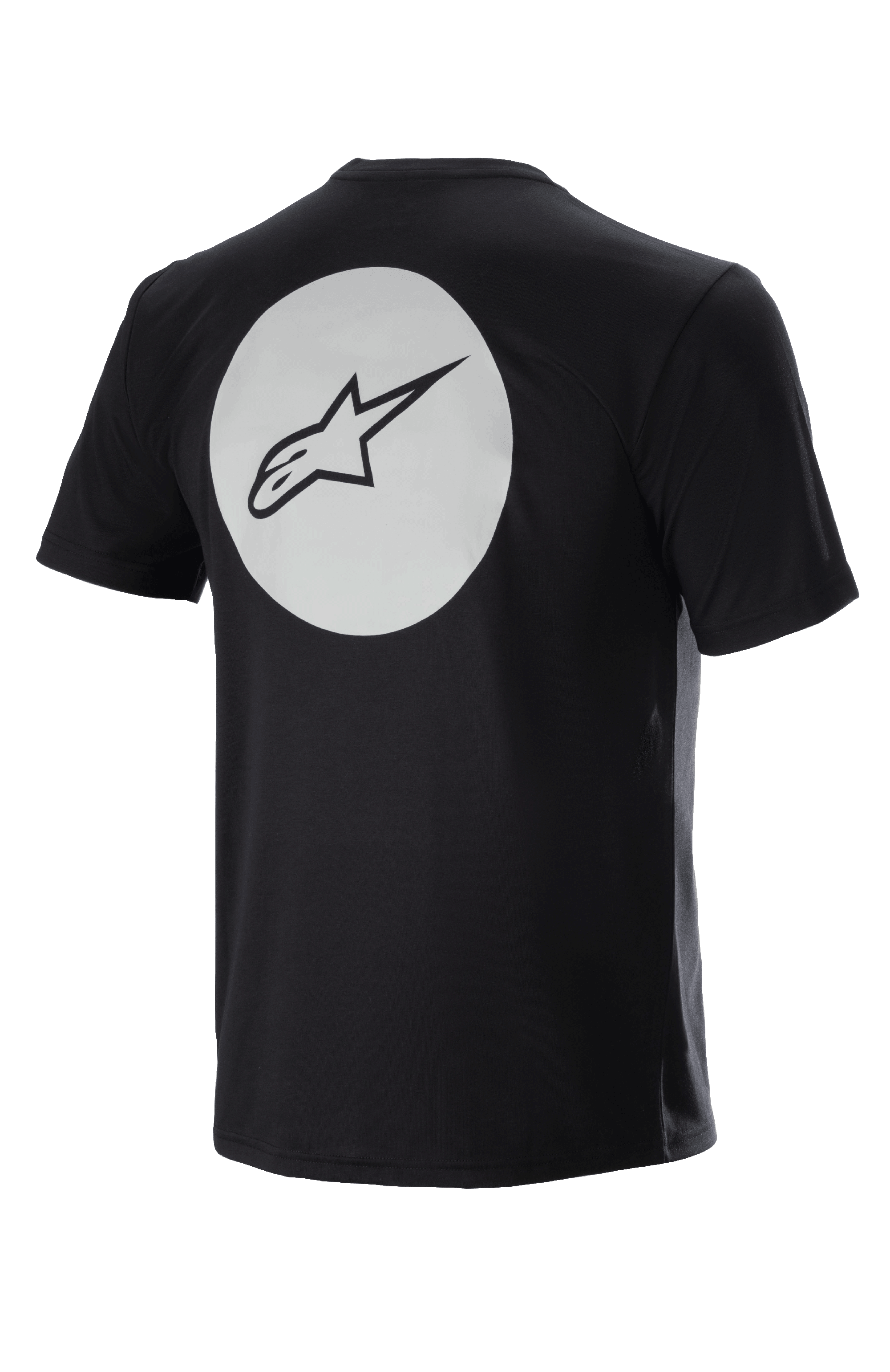 Alpinestars Dot Tech Tee, Short Sleeve Cycling Jersey, Black, Back View with Large White Circle and Black A-star Logo, DriRelease moisture-wicking fabric for Mountain Biking
