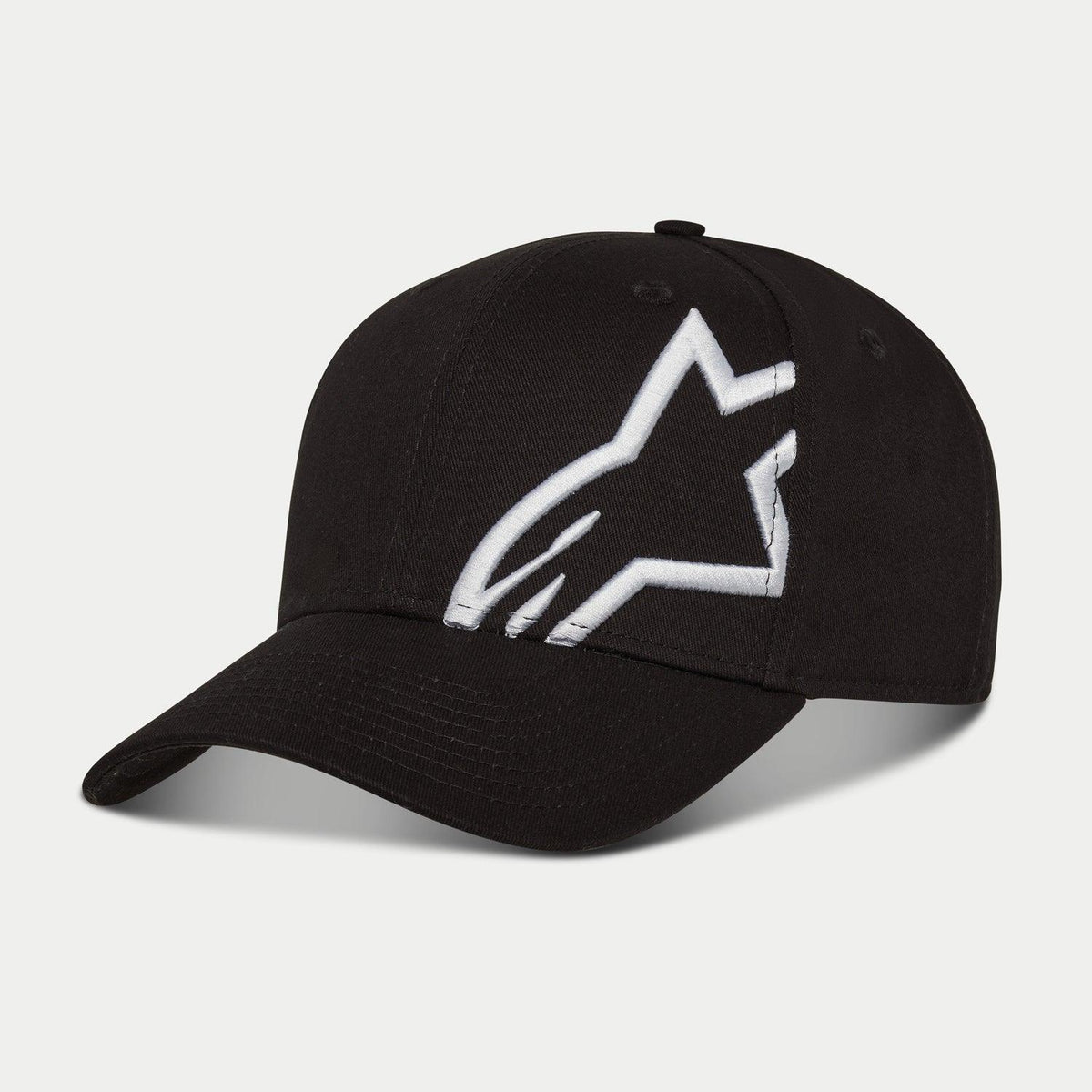 Alpinestars Corp Snap 2 Hat, Black and White, featuring a curved bill and structured crown, large white 3D embroidered Alpinestars logo on the left panel, classic snapback design