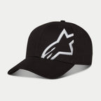 Alpinestars Corp Snap 2 Hat, Black and White, featuring a curved bill and structured crown, large white 3D embroidered Alpinestars logo on the left panel, classic snapback design