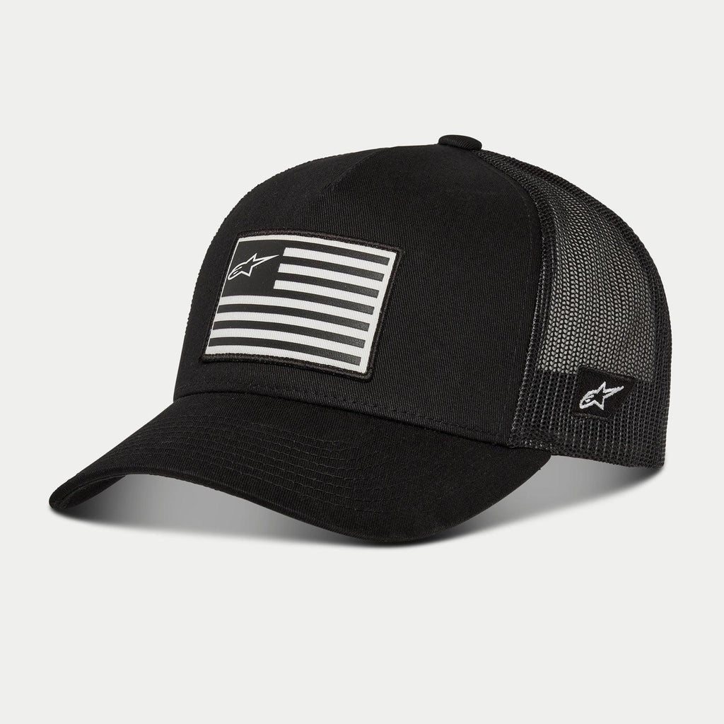 Alpinestars Flag Snapback Hat, Black, baseball cap featuring a black mesh back and curved bill, front printed flag patch with Alpinestars logo, side logo embroidery, casual motorsport-inspired headwear