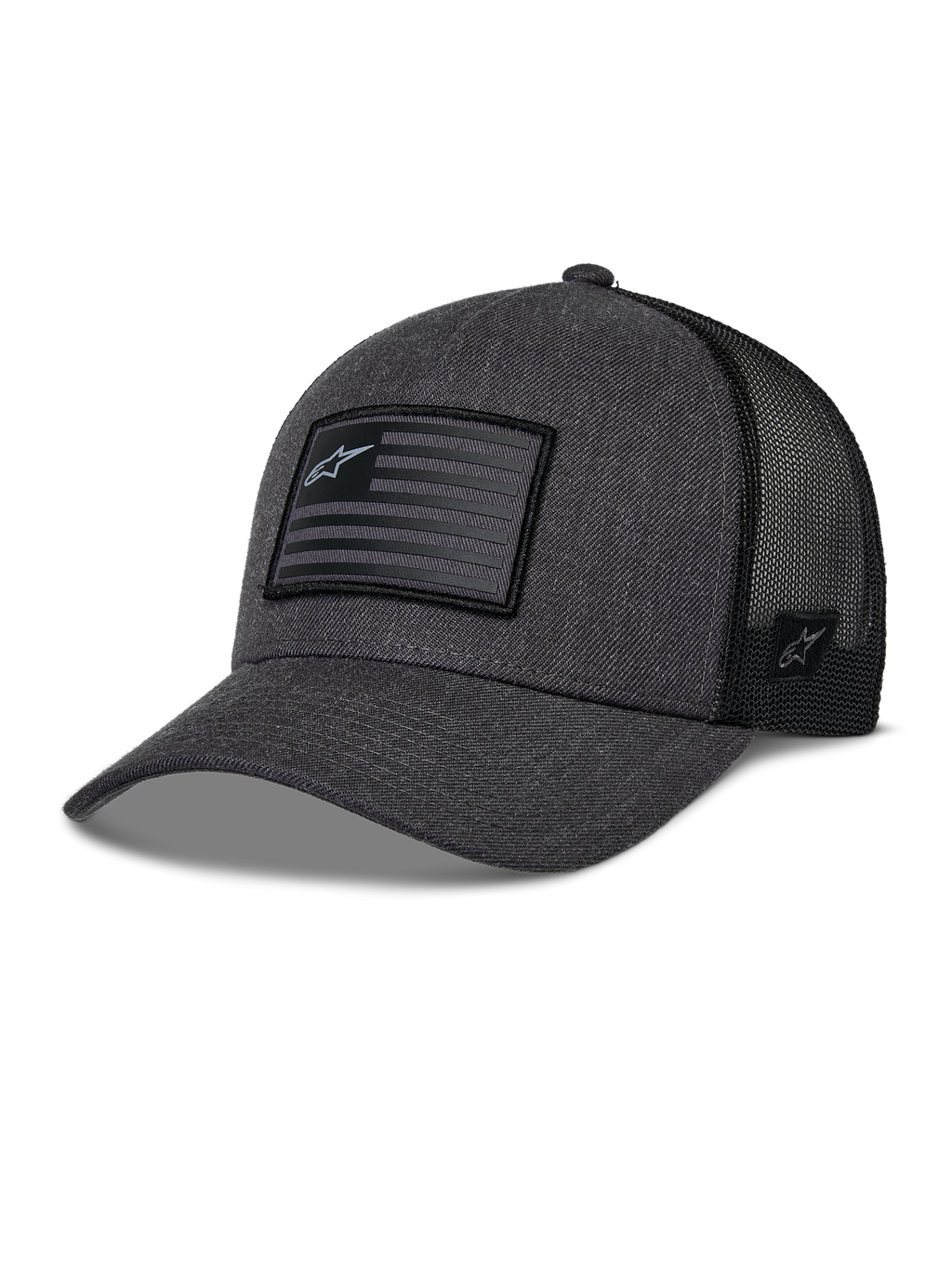 Alpinestars Flag Snapback kasket, mørkegrå meleret og sort, baseballkasket i trucker-stil, rektangulær flag-patch med stjernelogo, buet skygge og åndbar mesh-bagside