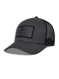 Alpinestars Flag Snapback kasket, mørkegrå meleret og sort, baseballkasket i trucker-stil, rektangulær flag-patch med stjernelogo, buet skygge og åndbar mesh-bagside