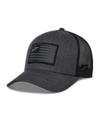 Alpinestars Flag Snapback kasket, mørkegrå meleret og sort, baseballkasket i trucker-stil, rektangulær flag-patch med stjernelogo, buet skygge og åndbar mesh-bagside