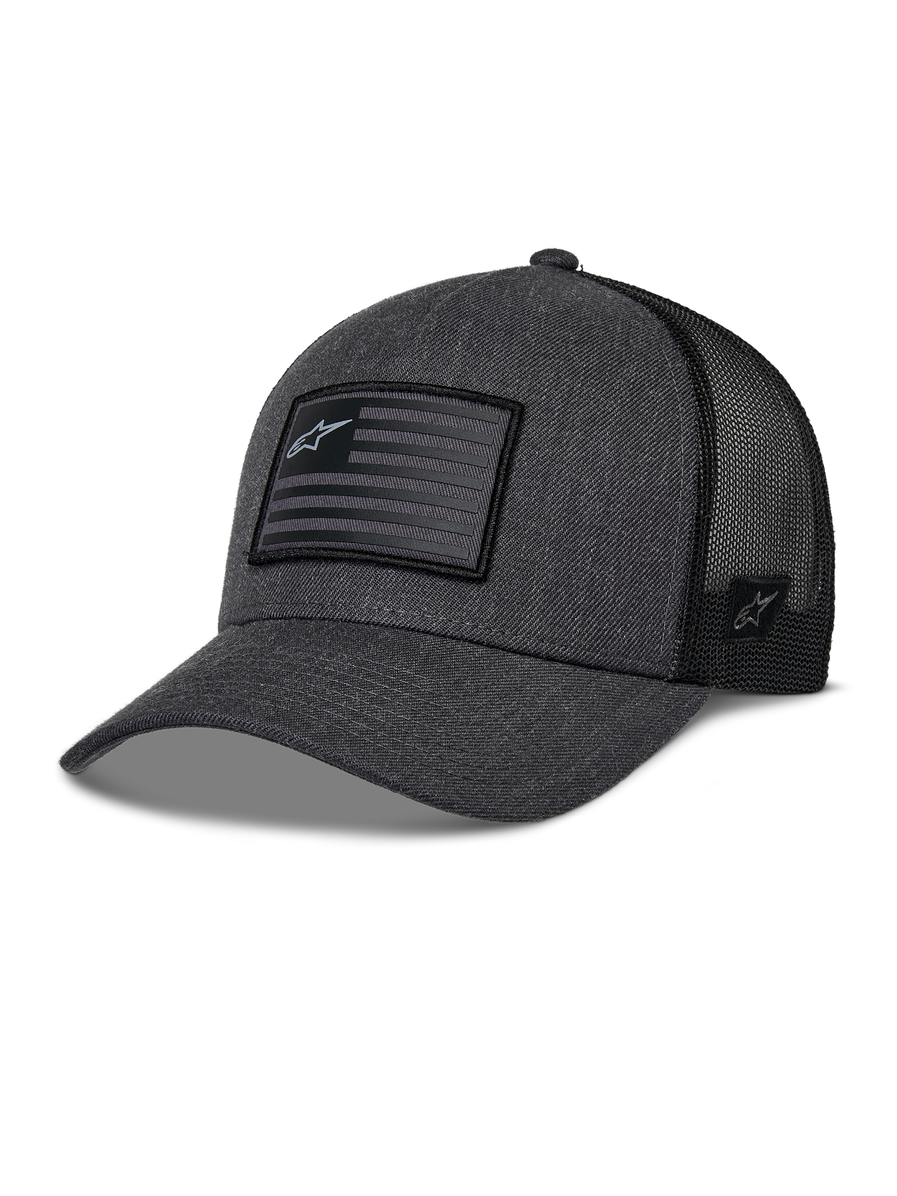 Alpinestars Flag Snapback kasket, mørkegrå meleret og sort, baseballkasket i trucker-stil, rektangulær flag-patch med stjernelogo, buet skygge og åndbar mesh-bagside