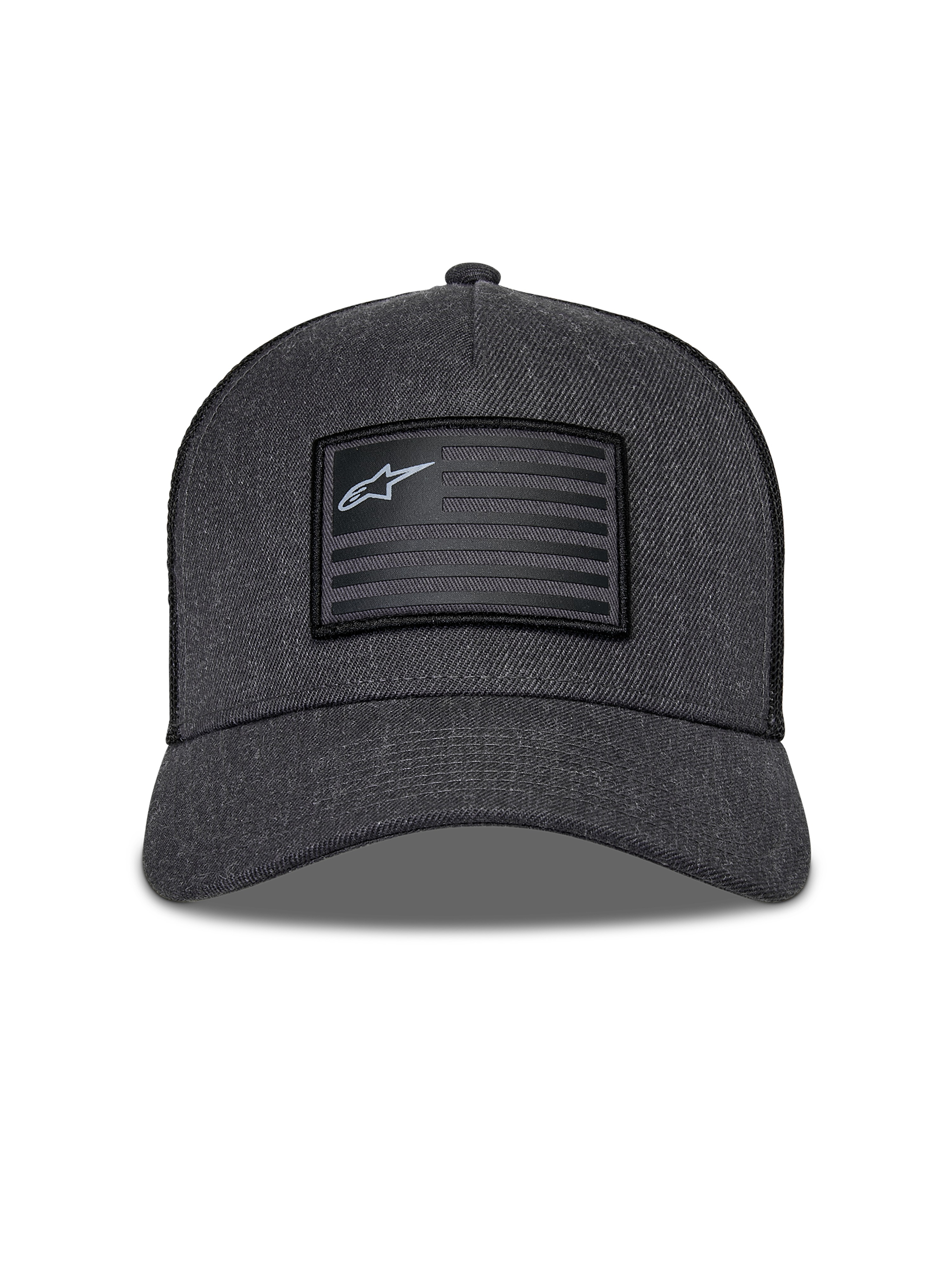 Alpinestars Flag Snapback kasket, mørkegrå meleret og sort, set forfra med struktureret krone og buet skygge, rektangulært flag-inspireret mærke med Alpinestars logo og striber, afslappet motorsport streetwear