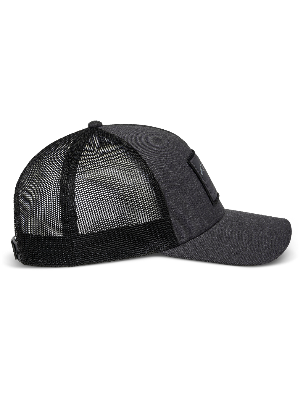 Alpinestars Flag Snapback kasket i Charcoal Heather Black, set fra siden, buet skygge, struktureret twill-frontpanel med merrow-patch og åndbar mesh-bagside i polyester.