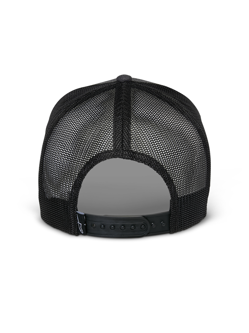 Alpinestars Flag Snapback kasket, set bagfra, Charcoal Heather Black, med åndbare sorte mesh-paneler og justerbar snapback-lukning, afslappet motorsport-inspireret hovedbeklædning