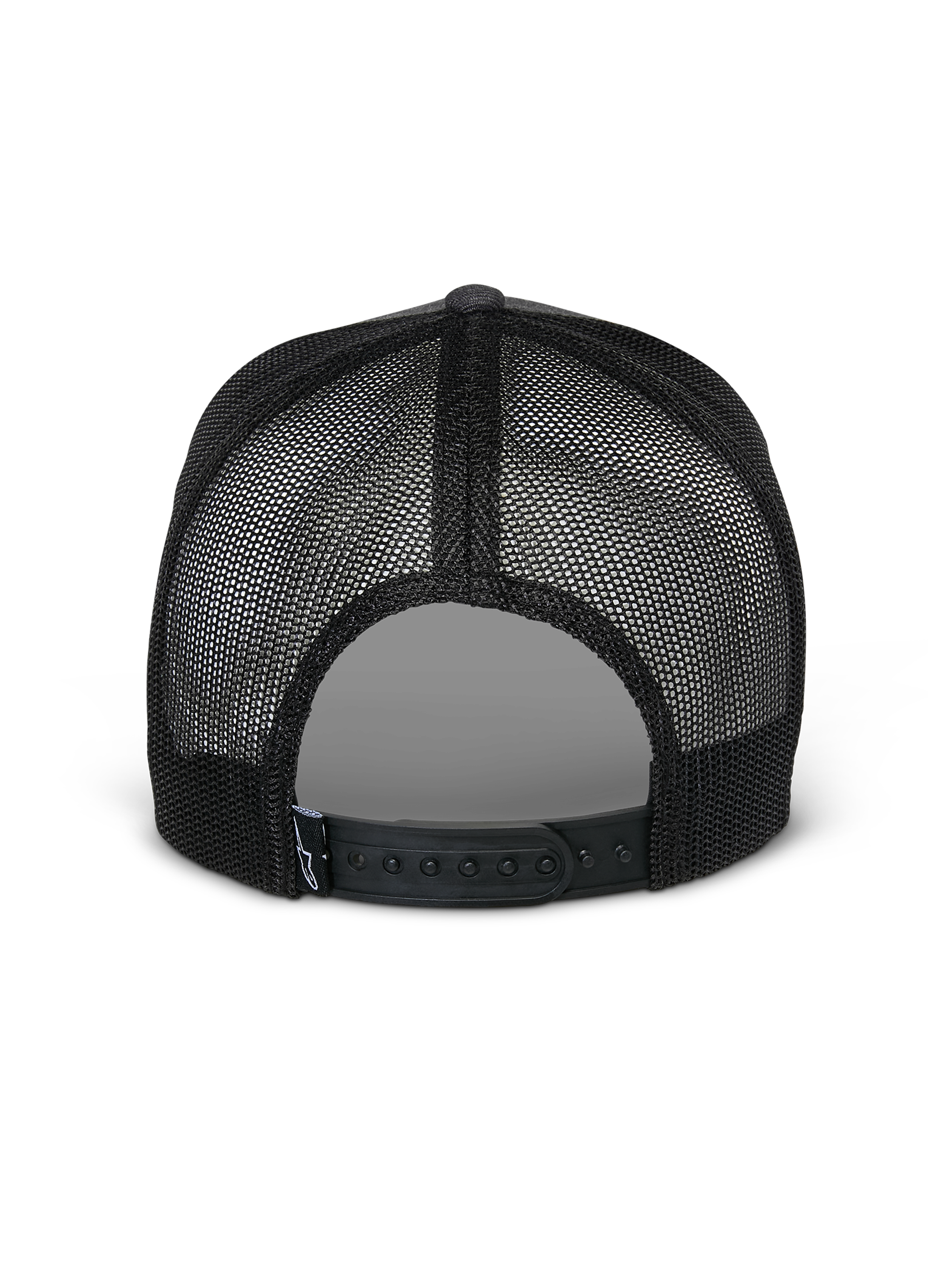 Alpinestars Flag Snapback kasket, set bagfra, Charcoal Heather Black, med åndbare sorte mesh-paneler og justerbar snapback-lukning, afslappet motorsport-inspireret hovedbeklædning