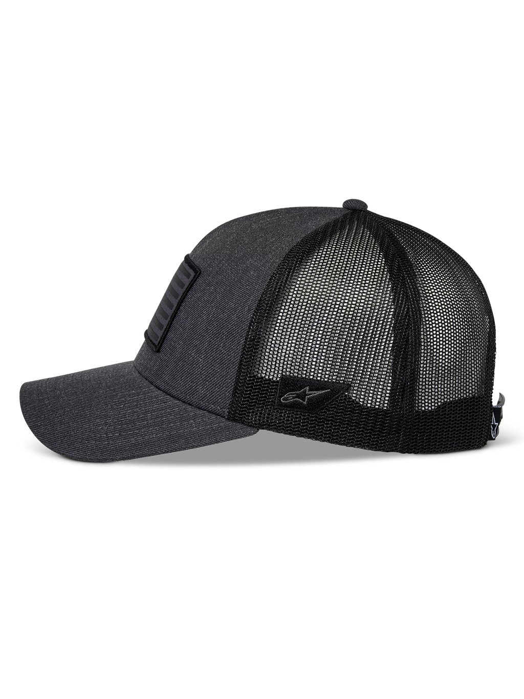 Alpinestars Flag Snapback kasket, Charcoal Heather og sort, set fra siden, buet skygge med struktureret krone, twill front og sort mesh-bagside, lille Astars logo-patch på siden, afslappet motorsport-hovedbeklædning