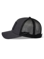 Alpinestars Flag Snapback kasket, Charcoal Heather og sort, set fra siden, buet skygge med struktureret krone, twill front og sort mesh-bagside, lille Astars logo-patch på siden, afslappet motorsport-hovedbeklædning