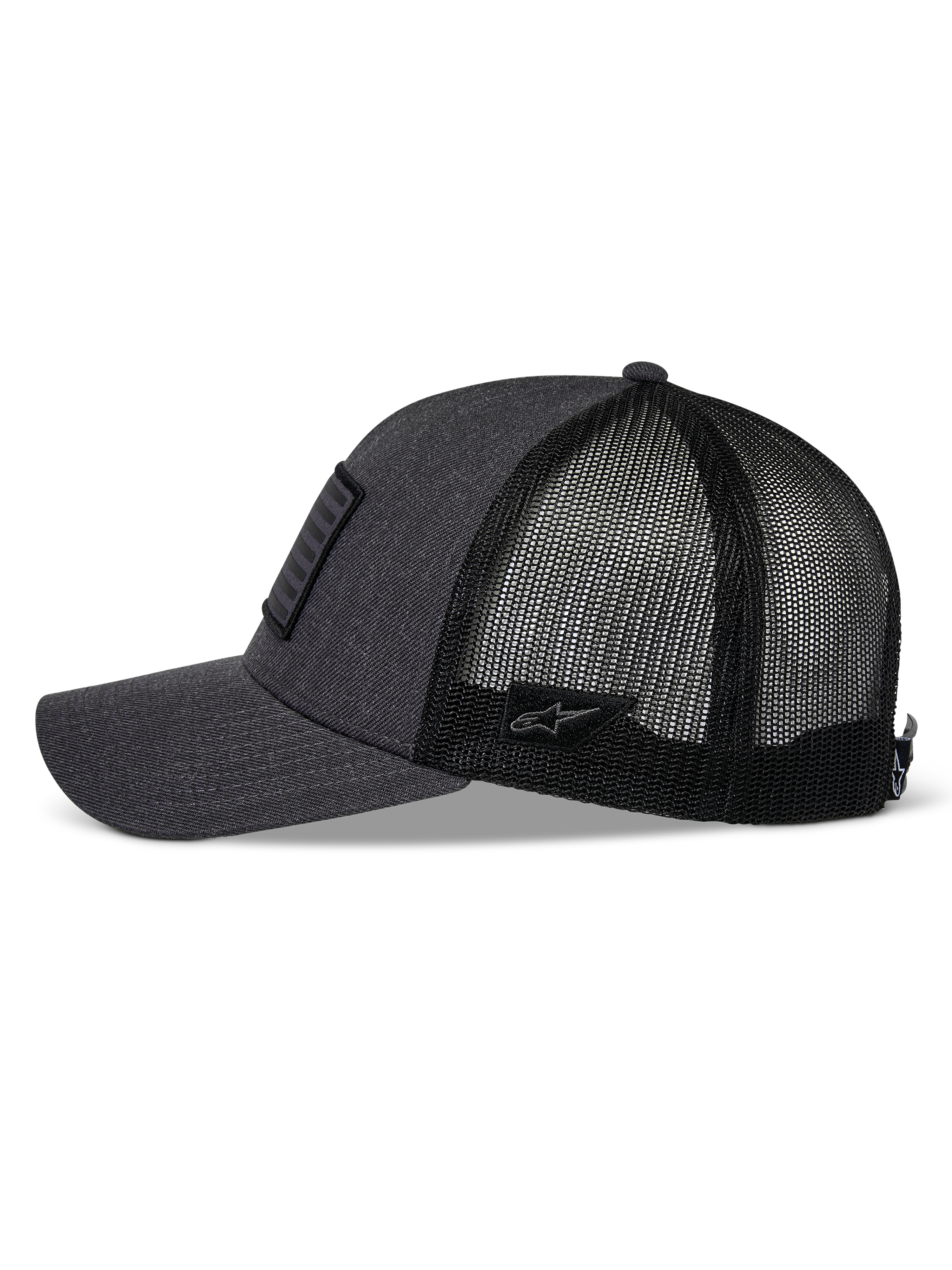 Alpinestars Flag Snapback kasket, Charcoal Heather og sort, set fra siden, buet skygge med struktureret krone, twill front og sort mesh-bagside, lille Astars logo-patch på siden, afslappet motorsport-hovedbeklædning