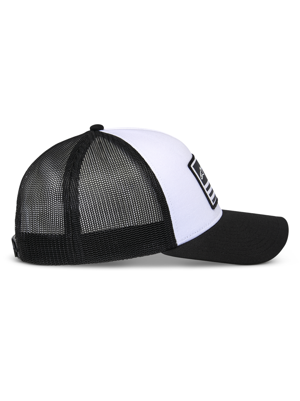 Alpinestars Flag Snapback Hat, White and Black, side profile view, structured white crown with black curved bill, breathable black mesh back panels, casual motorsport-inspired headwear