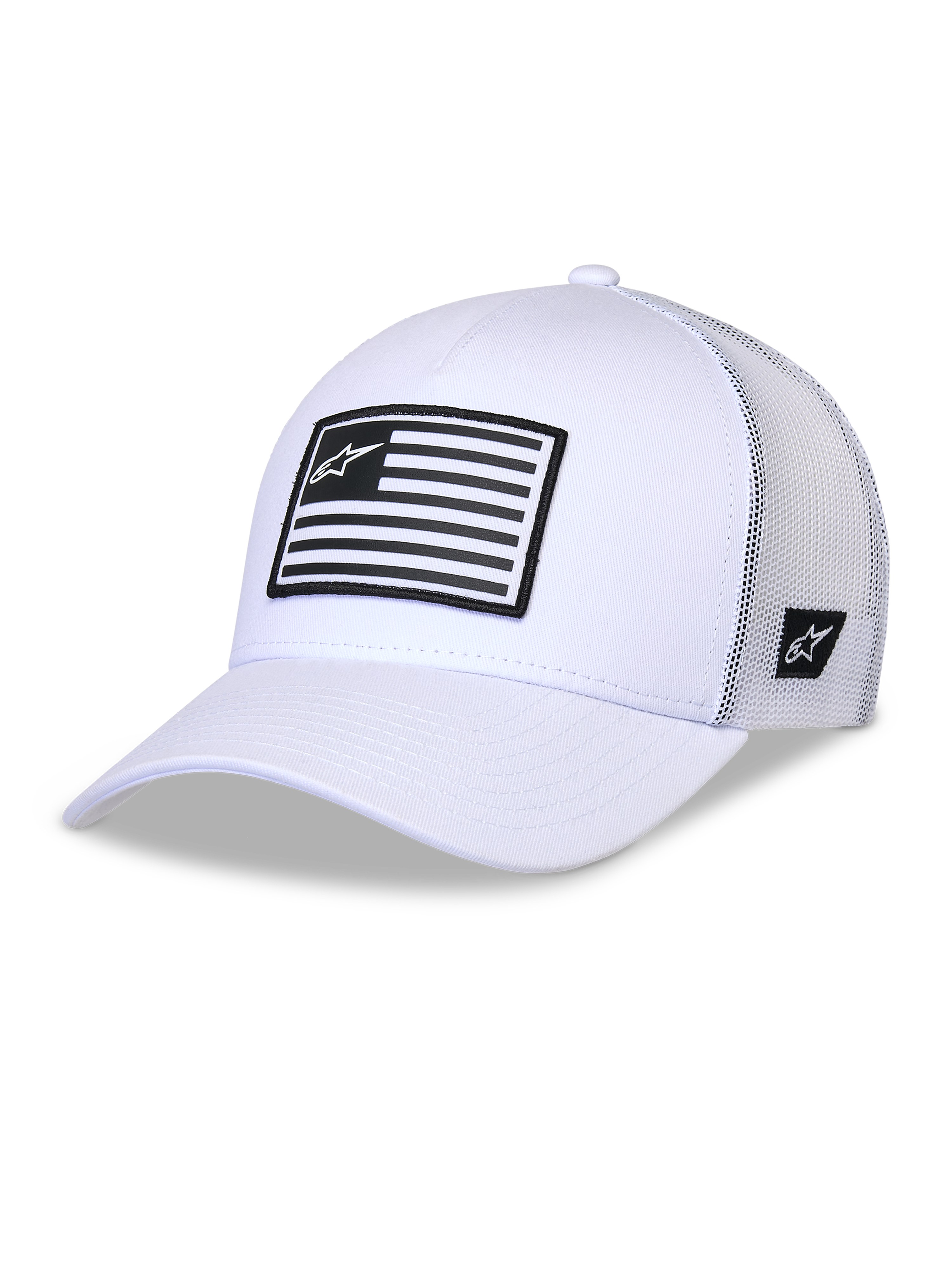 Alpinestars Flag Snapback Hat, White Trucker Cap, structured crown with curved bill, white mesh back panels, featuring a front black and white striped patch with logo, casual motorsport-inspired headwear