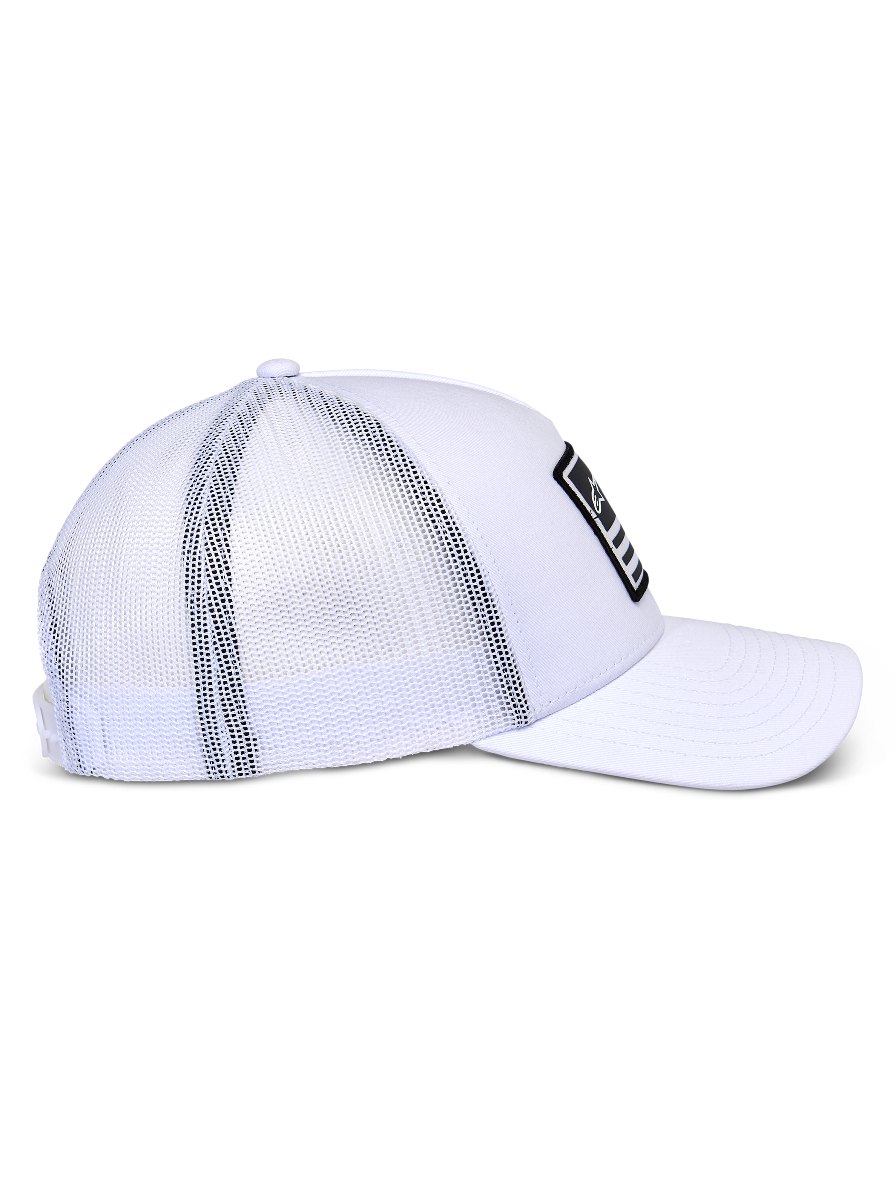 Alpinestars Flag Snapback Hat, Trucker-style cap, White, side profile showing white twill front and breathable mesh back, curved bill, black merrow patch with white logo, casual motorsport headwear