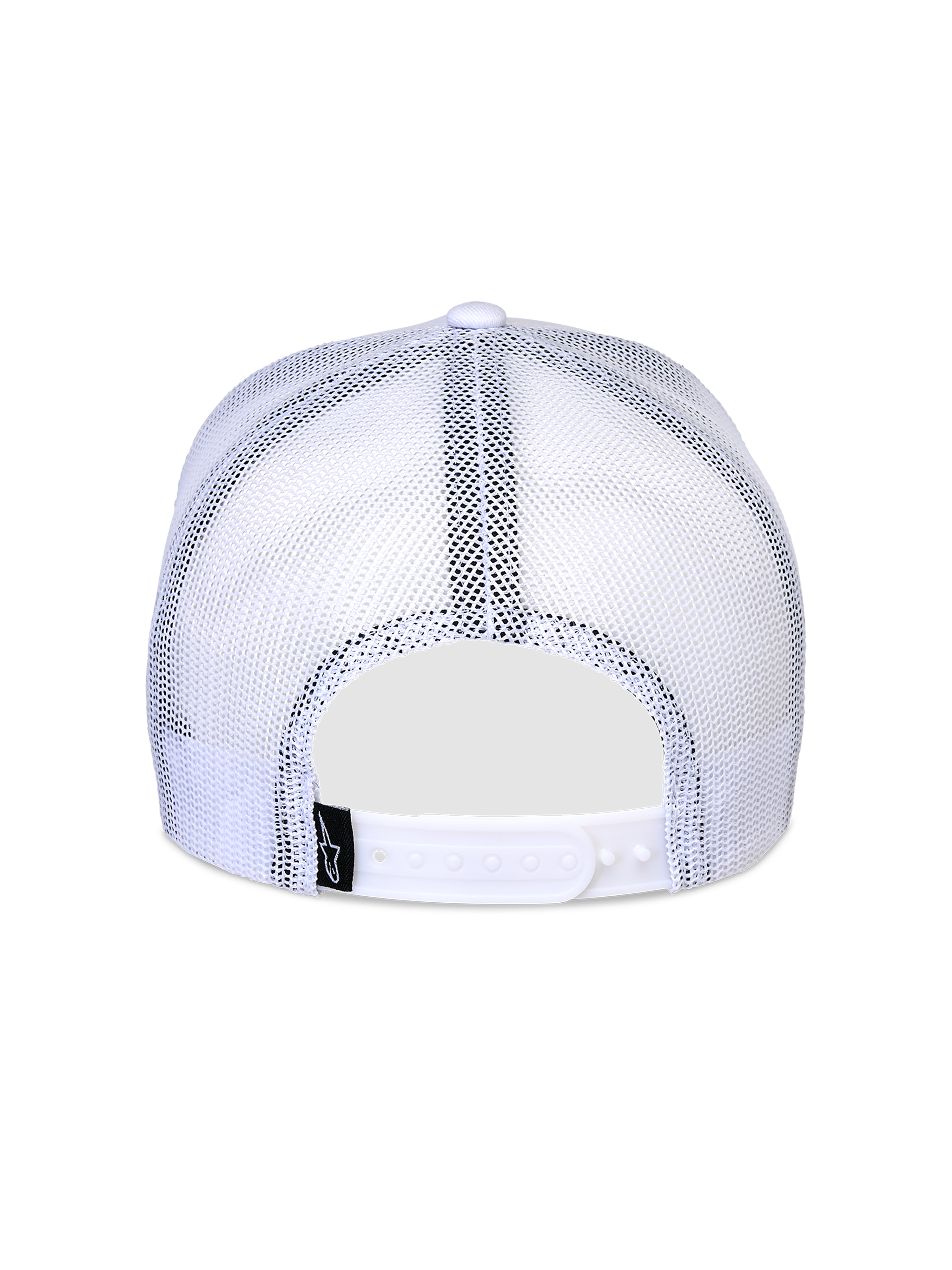 Alpinestars Flag Snapback Hat, White, back view featuring breathable white mesh panels, adjustable snapback closure, and small black logo tag, classic trucker hat design.