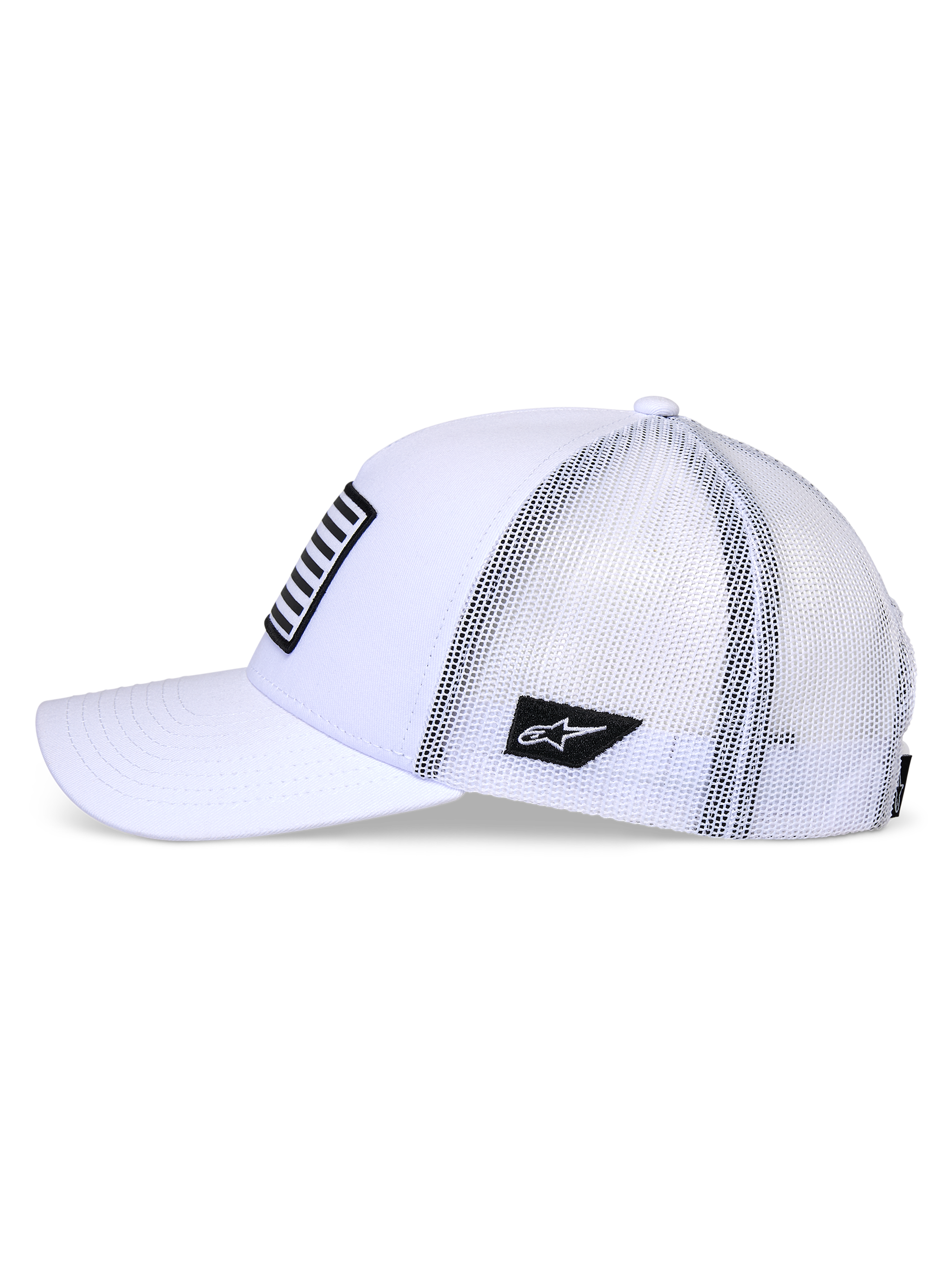 Alpinestars Flag Snapback Hat, White, side profile view of trucker-style cap with curved bill and white mesh back, featuring black logo patch on the side and striped front patch