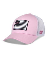 Alpinestars Flag Snapback Hat, Pink and White, curved bill with structured crown, twill front with white mesh back, featuring a black and white flag patch with pink Astars logo, casual motorsport-inspired sportswear