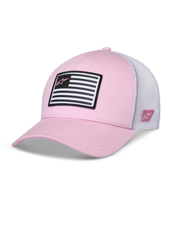 Alpinestars Flag Snapback-kasket, lyserød og hvid, buet skygge med struktureret krone, twill-forside med hvid mesh-bagside, med et sort og hvidt flag-patch med lyserødt Astars-logo, afslappet motorsport-inspireret sportstøj
