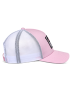 Alpinestars Flag Snapback Hat, Pink and White, side view showing pink twill front and white mesh back, curved bill, structured crown, black patch with white and pink details, casual motorsport-inspired headwear