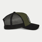 Alpinestars Flag Snapback Hat, Military Green and Black, side profile view with curved bill and black mesh back panels, front rectangular patch with white logo and stripes, casual motorsport-inspired headwear