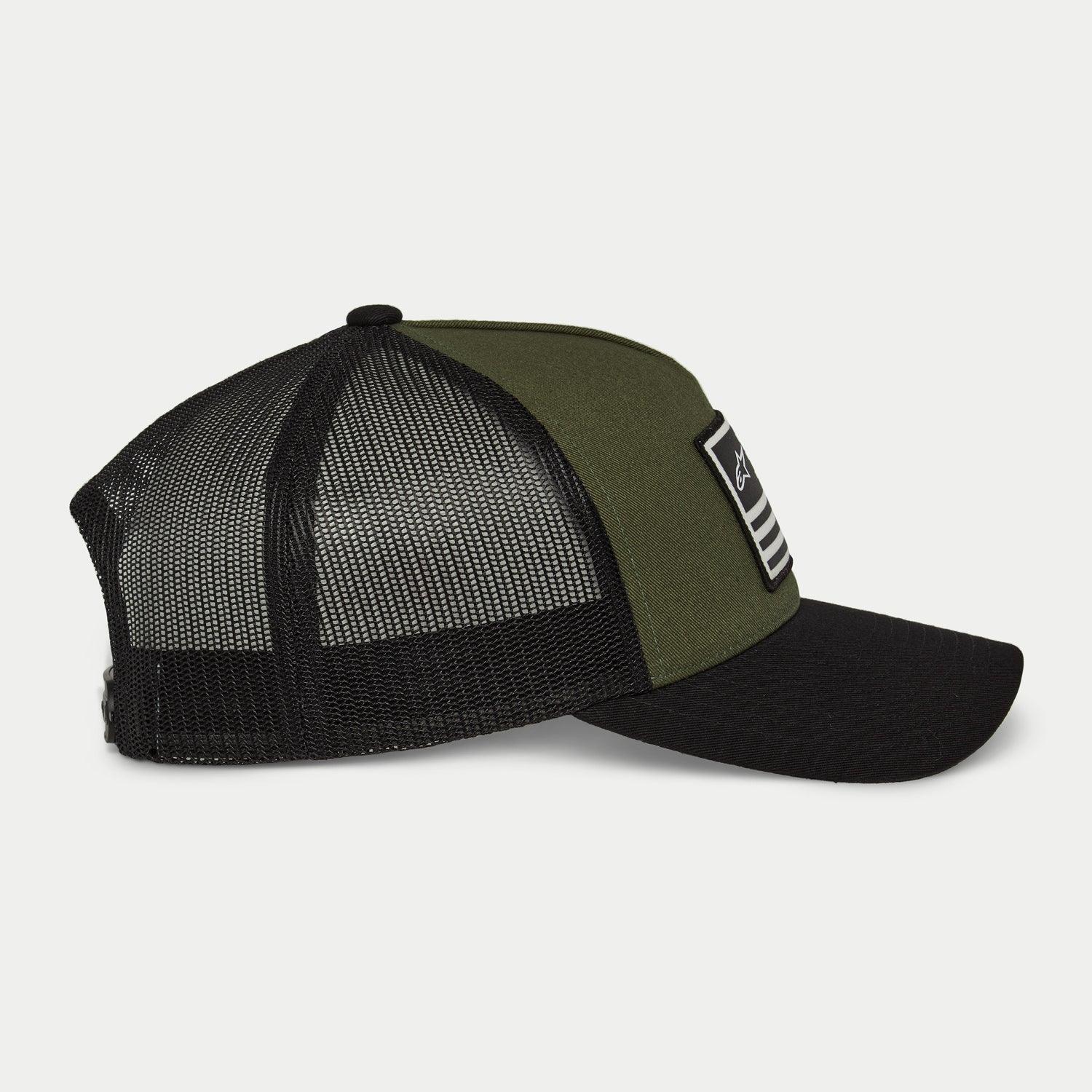 Alpinestars Flag Snapback Hat, Military Green and Black, side profile view with curved bill and black mesh back panels, front rectangular patch with white logo and stripes, casual motorsport-inspired headwear