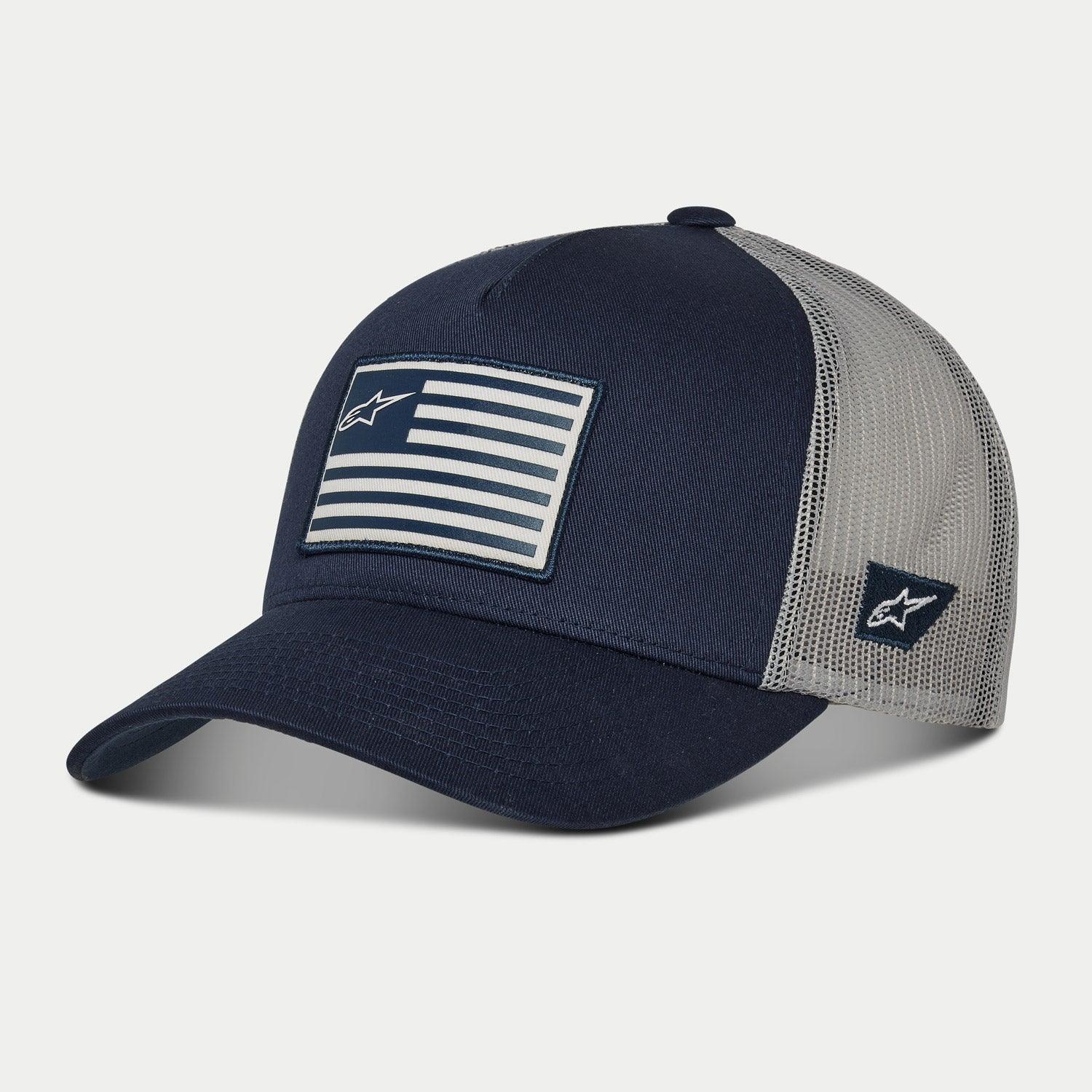 Alpinestars Flag Snapback Hat, Navy and Grey, curved bill with structured crown, front printed flag patch and side embroidered logo, mesh back for breathability, casual motorsport-inspired headwear