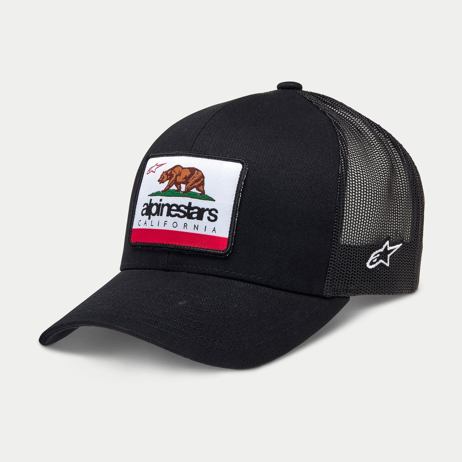 Alpinestars Cali 2.0 Hat, Black Trucker Cap, woven patch with California bear and Alpinestars branding, curved bill, breathable mesh back, white embroidered star logo on the side