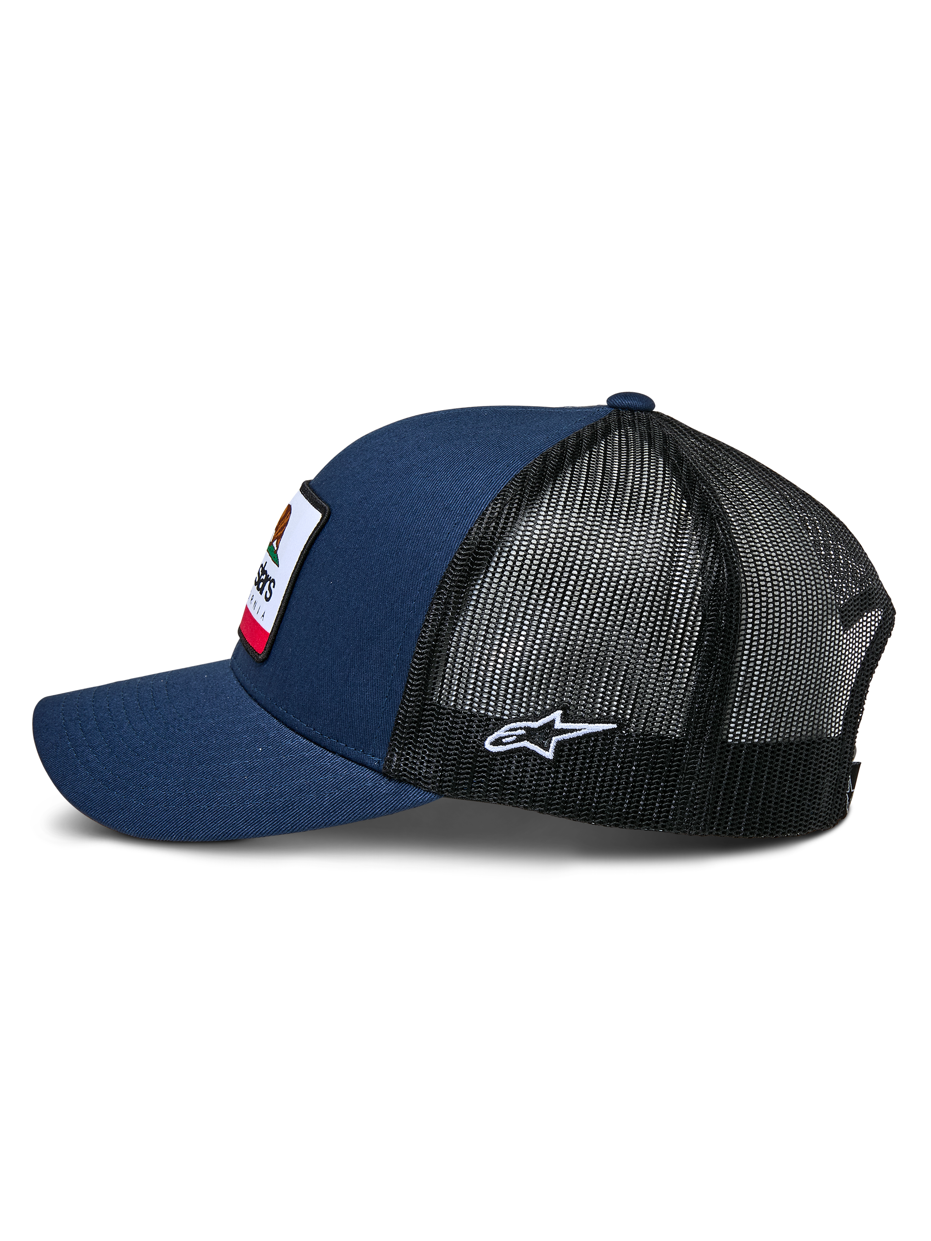 Alpinestars Cali 2.0 Hat, Navy Blue and Black, side profile view, twill front with woven merrow patch, black poly mesh back with white embroidered star logo, curved bill, casual motorsport-inspired headwear
