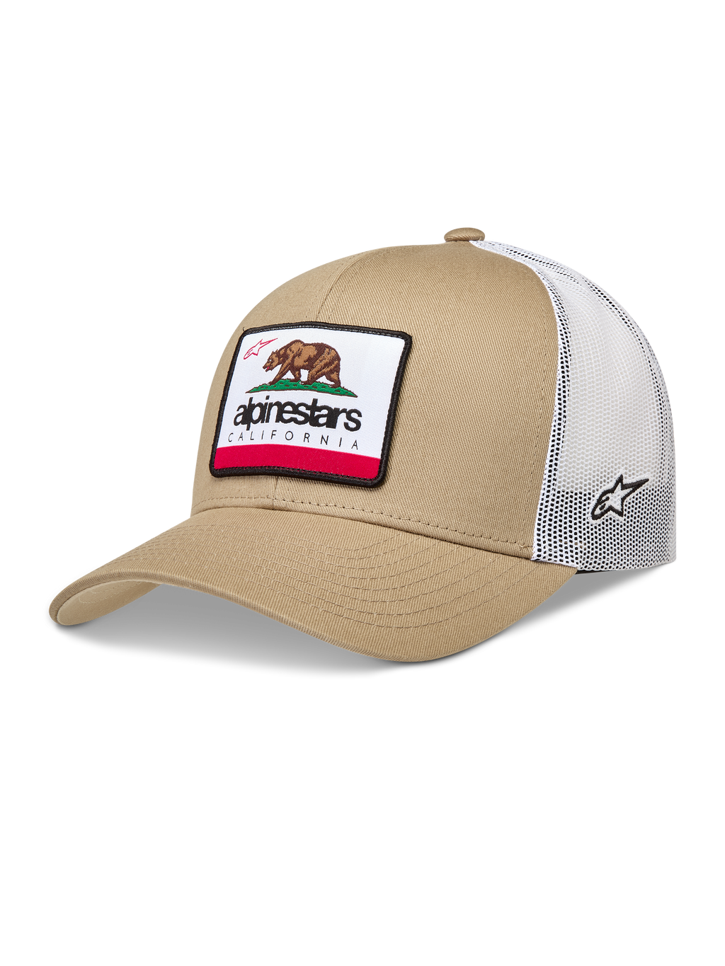 Alpinestars Cali 2.0 Hat, trucker cap i sand og hvid, mesh-bagside og vævet California-bjørnemærke, afslappet sportswear