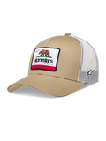 Alpinestars Cali 2.0 Hat, trucker cap i sand og hvid, mesh-bagside og vævet California-bjørnemærke, afslappet sportswear