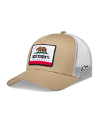 Alpinestars Cali 2.0 Hat, trucker cap i sand og hvid, mesh-bagside og vævet California-bjørnemærke, afslappet sportswear