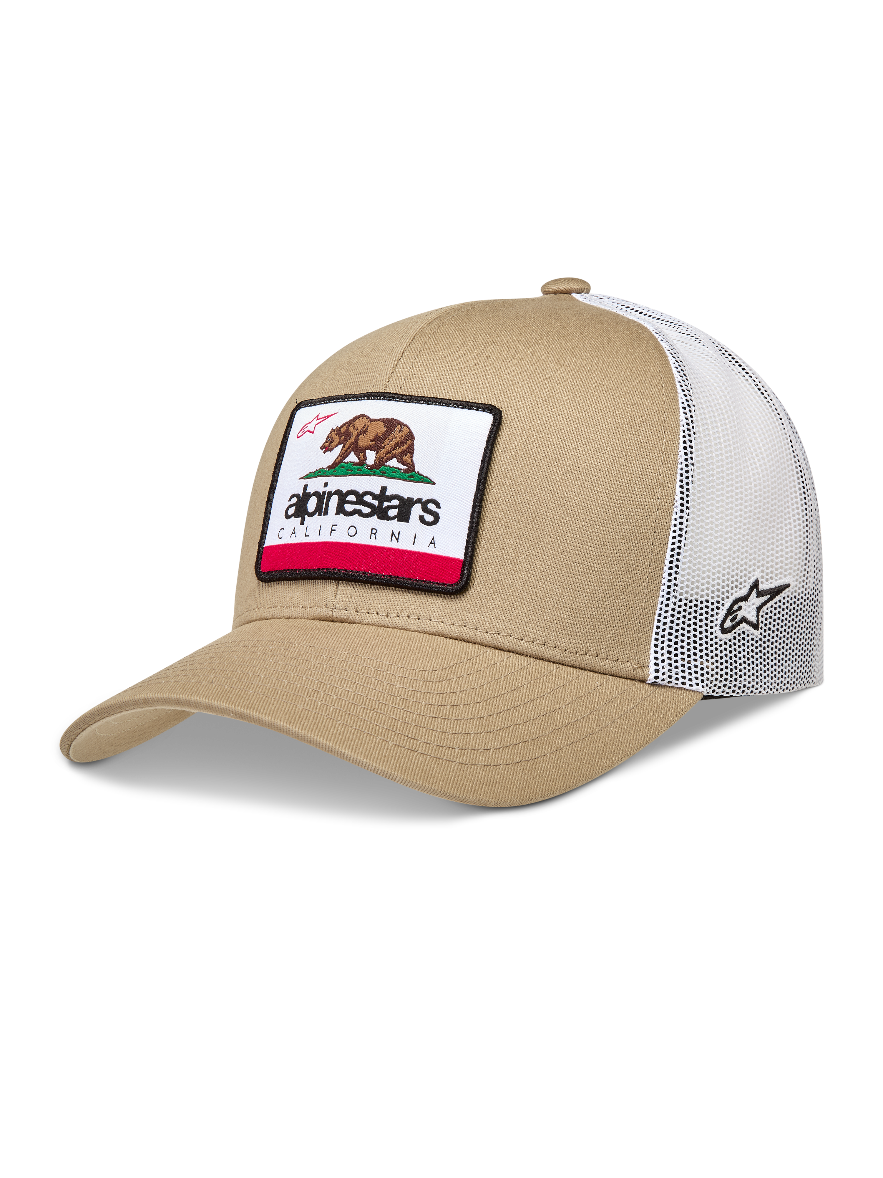 Alpinestars Cali 2.0 Hat, trucker cap i sand og hvid, mesh-bagside og vævet California-bjørnemærke, afslappet sportswear