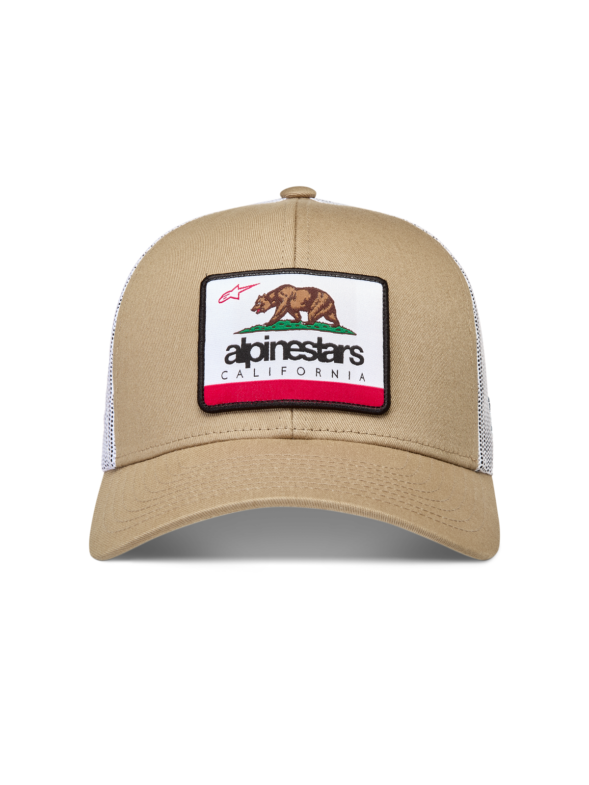 Alpinestars Cali 2.0 snapback-kasket, sandfarvet og hvidt mesh, buet skygge og vævet California-bjørn-mærke.