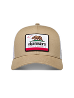 Alpinestars Cali 2.0 snapback-kasket, sandfarvet og hvidt mesh, buet skygge og vævet California-bjørn-mærke.