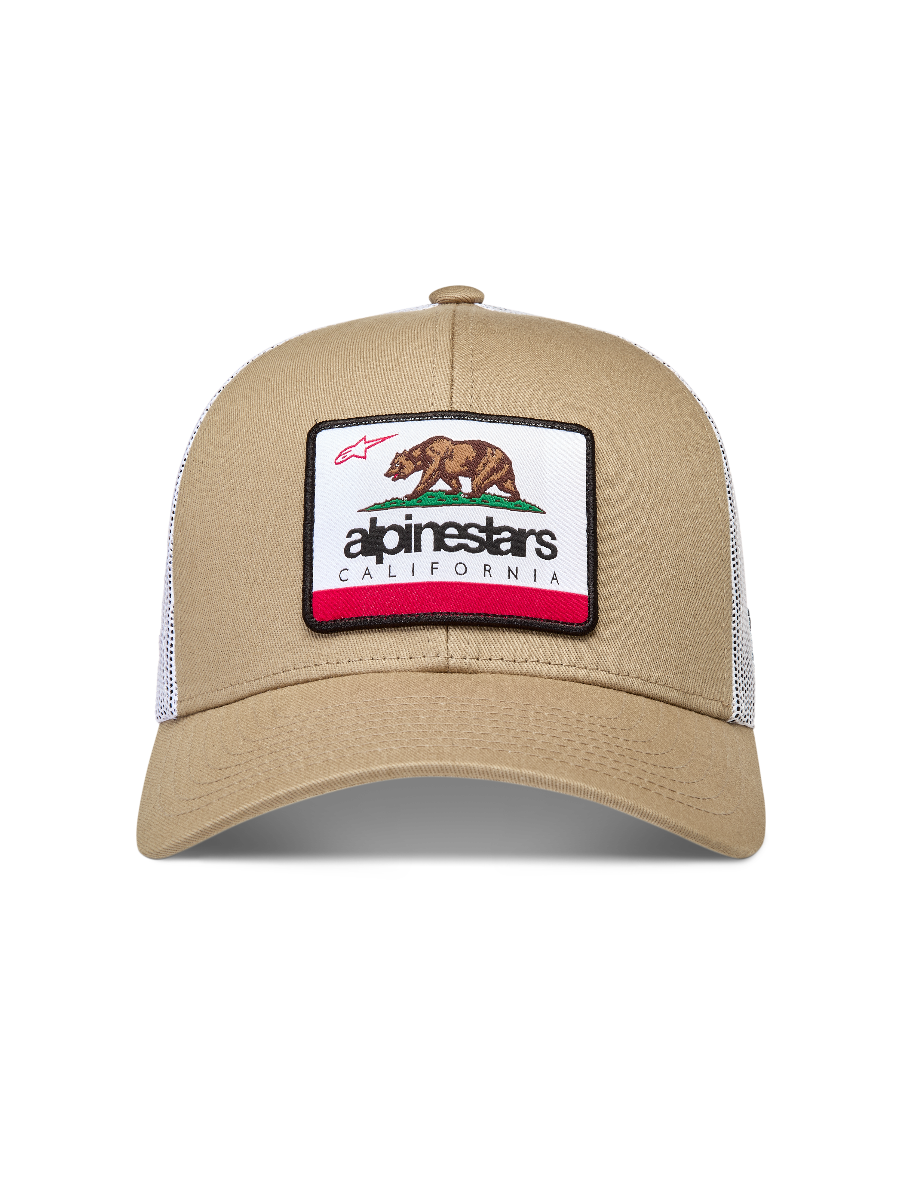 Alpinestars Cali 2.0 snapback-kasket, sandfarvet og hvidt mesh, buet skygge og vævet California-bjørn-mærke.
