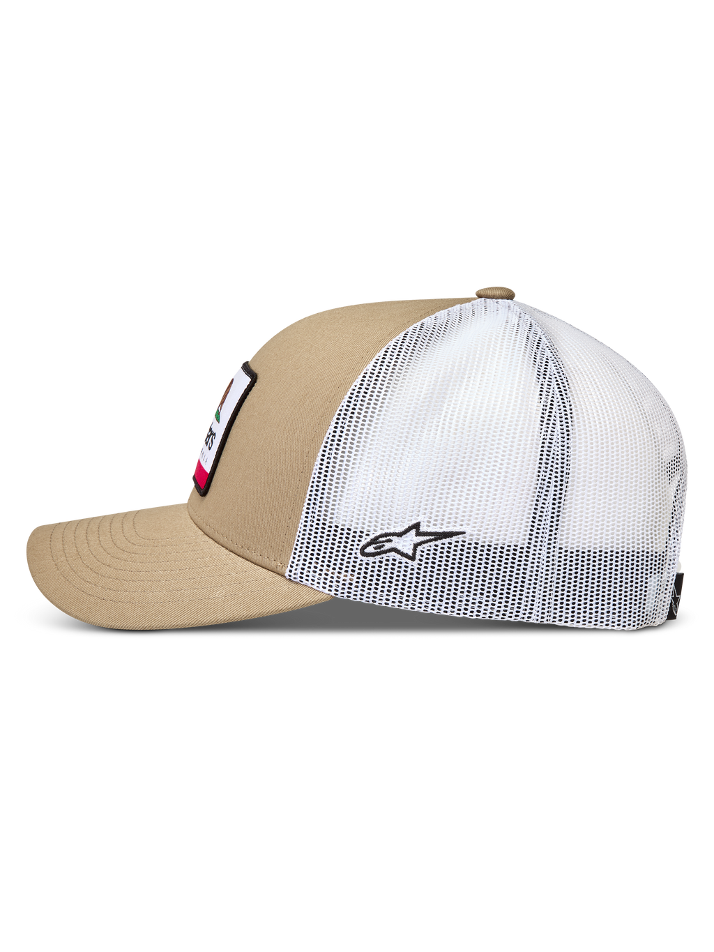 Alpinestars Cali 2.0 kasket, trucker cap til motorsport, sand og hvid, med buet skygge, twill-front og mesh-bagside, casual sportswear
