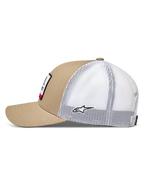 Alpinestars Cali 2.0 kasket, trucker cap til motorsport, sand og hvid, med buet skygge, twill-front og mesh-bagside, casual sportswear